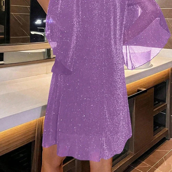 Purple Party Women's Sparkly Flare Sleeves Dress - Picture 3 of 8